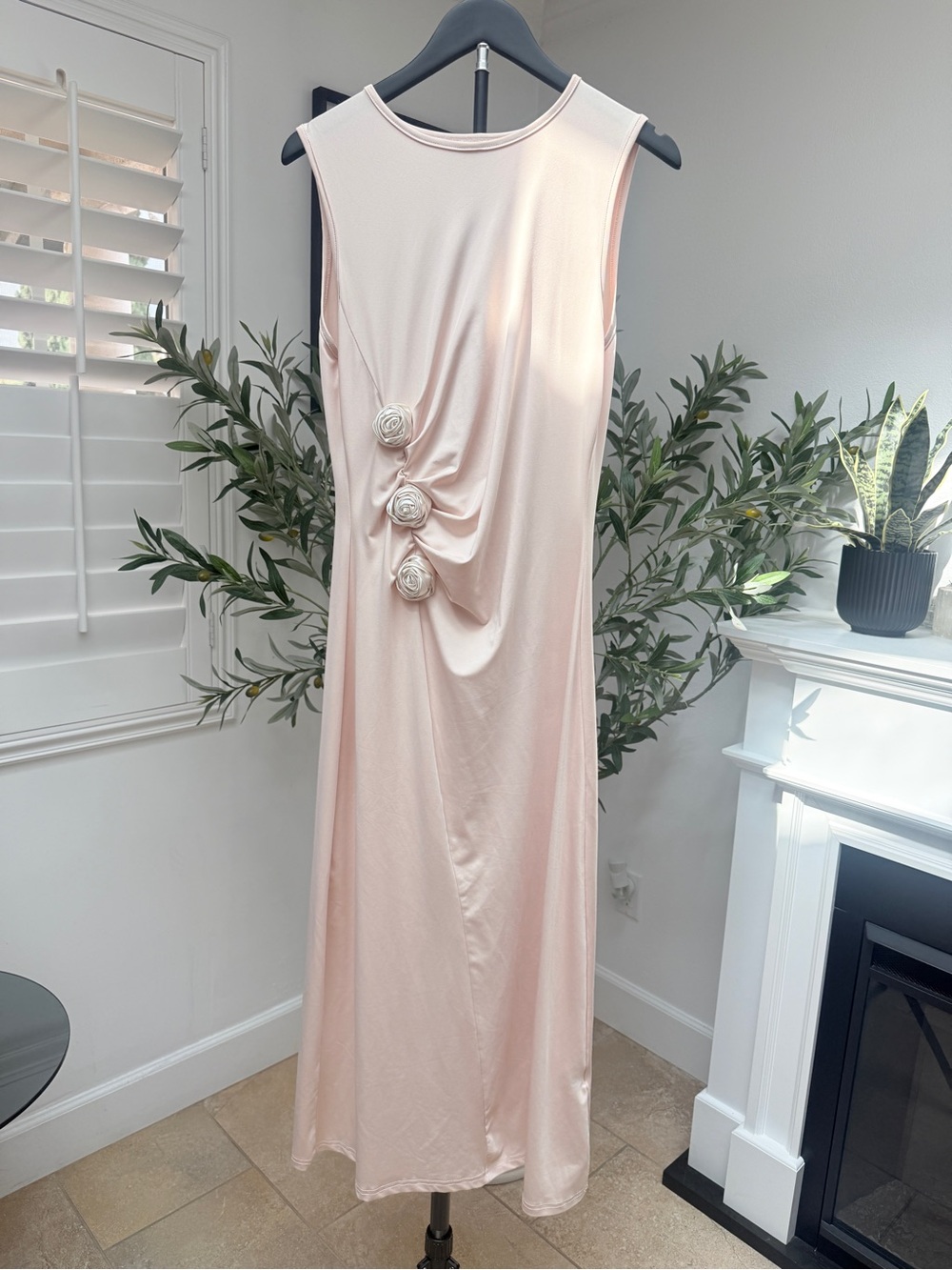Sleeveless Blush Pink Floral-Embellished Maxi Dress
